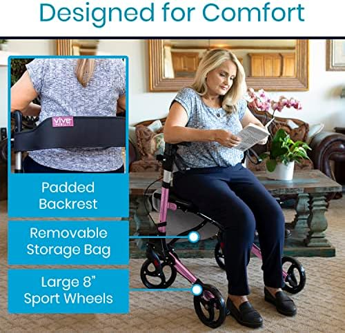 Vive Mobility Rollator Walker - Folding 4 Wheel Medical Rolling Walker with Seat & Bag - Mobility Aid for Adult, Senior, Elderly & Handicap - Aluminum Transport Chair (Pink)