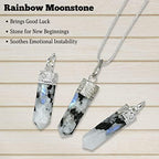 Amazing Gemstone Rainbow Moonstone Crystal Pencil Point Pendant Necklace with Adjustable Cord - Natural Healing Crystals and Stones for Men, Women