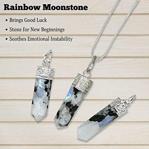 Amazing Gemstone Rainbow Moonstone Crystal Pencil Point Pendant Necklace with Adjustable Cord - Natural Healing Crystals and Stones for Men, Women
