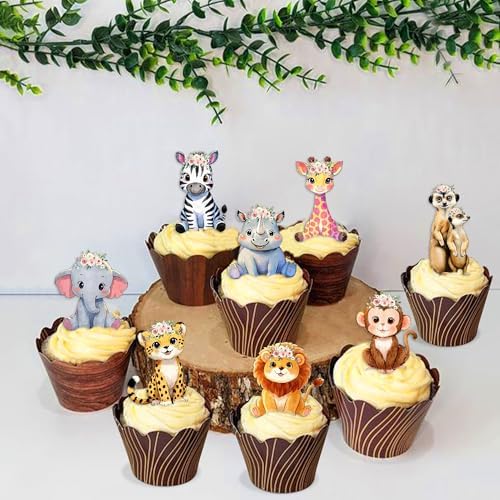 40Pcs Edible Floral Jungle Safari Animal Cupcake Toppers Wafer Paper Safari Theme Cake Toppers Decoration for Animal Drink Topper Birthday Party Decoration