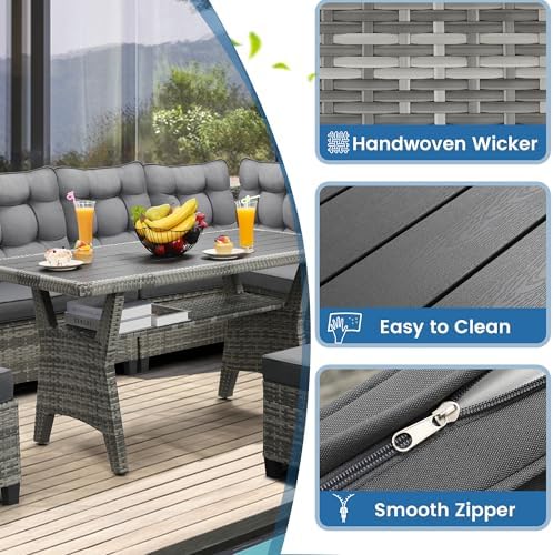 6-Piece Patio Furniture Set, Outdoor Sectional Sofa with Dining Table & Chairs, All-Weather Dining Set with Removable Cushion Covers, Ideal for Garden, Porch, Backyard, Grey