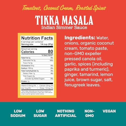 Brooklyn Delhi Tikka Masala - Indian Simmer Sauce - Tangy Tomatoes, Luscious Coconut Cream, Roasted Spices - 12oz - Mild Enough for a kid, Flavorful Enough for a Foodie - Vegan - No Artificial Additives