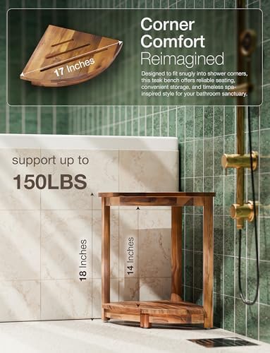 HOLANA 18" Teak Corner Shower Stool - Teak Shower Bench with Storage Shelf - Shower Foot Rest & Shaving Stool - Compact Teak Shower Stool for Indoor Use