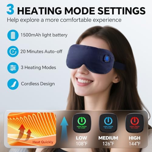 Cordless Heated Eye Mask for Dry Eyes Relief, with 3 Heat Settings, Washable Eye Cover, Warm Heating Pad for Stye Eye Treatment & Travel Use