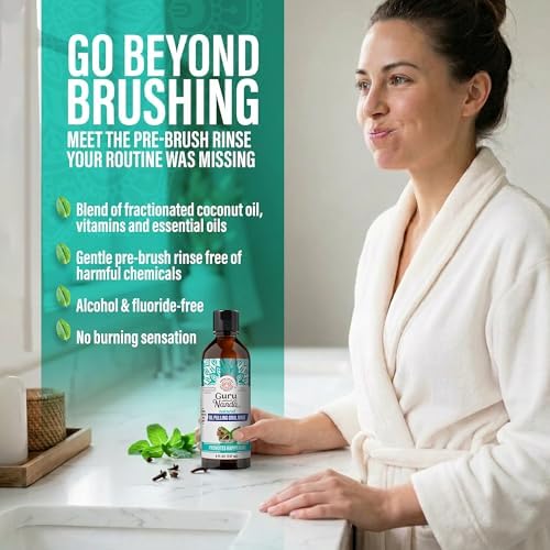 GuruNanda CocoMint Oil Pulling Mouthwash for Complete Oral Hygiene, 7 Essential Oils & Vitamins for Happy Teeth & Gums & Fresh Breath , Alcohol-Free, 8 oz