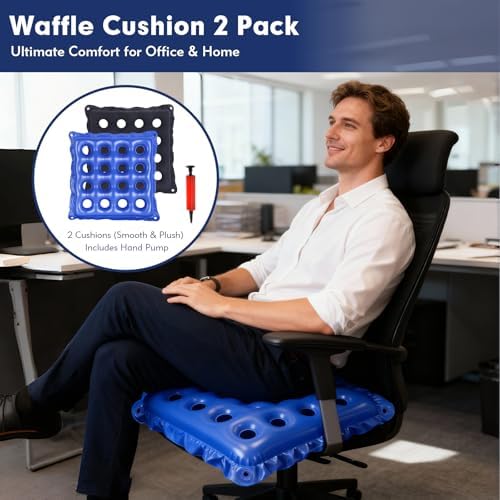 2-Pack Set Inflatable Seat Cushions for Pressure Relief - Waffle Design Air Cushion for Wheelchair, Office Chair & Car Travel, Extra Thick with Dual Pumps (18.5x18.5 Inch, Flocked Navy & Royal Blue)