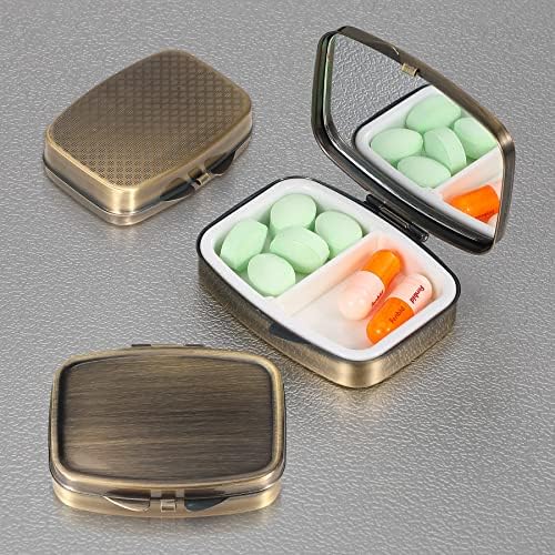 Dynippy Pill Case Pill Box with Mirror Retro Pocket 2 Compartment Medicine Case Vitamin Pill Organizer for Pocket Purse and Travel (A-Retro)
