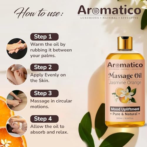 AROMATICO Massage Oil for Massage Therapy with Jasmine & Orange Essential Oils. Infused with Sesame, Almond & Jojoba Oils. Full Body Massage Oil for Mood Upliftment – 10 Fl Oz