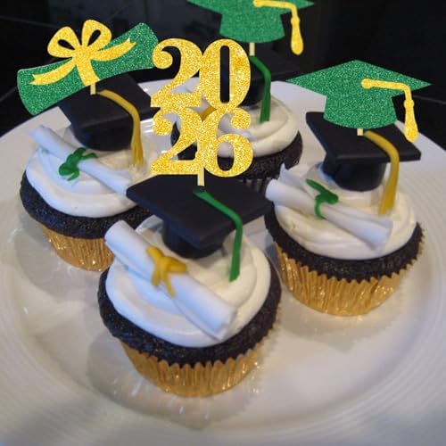 Graduation Cupcake Toppers Grad Party Decoration Food Picks Congrats Glitter Diploma Cap School Colors Supplies 24 PCS Green Gold