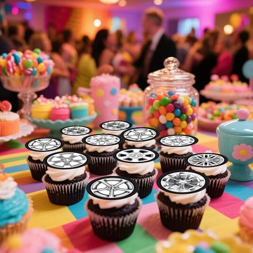 48Pcs Edible Tyre Dessert Cupcake Topper Racing Cars Wheels Theme Birthday Party Decorations Supplies