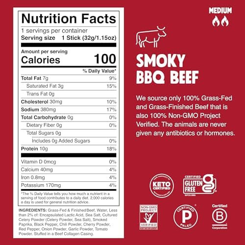 Chomps Grass-Fed and Finished Smoky BBQ Beef Jerky Snack Sticks 10-Pack - Keto, Paleo, Whole30, 10g Lean Meat Protein, Gluten-Free, Zero Sugar Food, Non-GMO