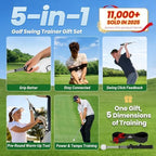 5-in-1 Retractable Golf Swing Trainer, Training Aid with Grip Trainer, Swing Mechanics for Beginners & Tempo Training for Advanced, Click Feedback, Arm Connection, Right/Left-Handed, Indoor/Outdoor