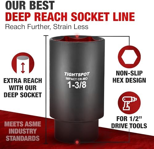 TIGHTSPOT 1/2 Inch Drive - 1 3/8 Inch Deep Impact Socket with Anti-Rounding 6 Point Design, Heat-Treated CRMO Steel