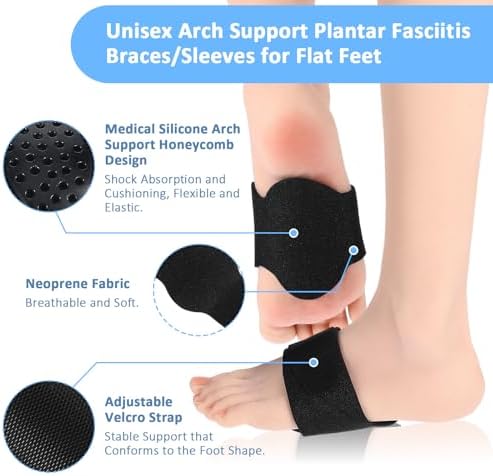 2 Pcs Arch Support Compression Sleeves, Adjustable Plantar Fasciitis Braces with Gel Pads for Flat Feet High & Fallen Arch, Wear Over or Under Socks Helps Relieve Symptoms of Plantar Fasciitis.