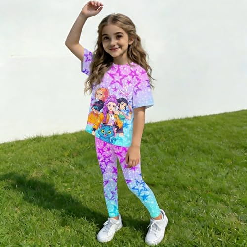 K Pop Outfits Sets for Girls Cute Hunters Print Short Sleeve T-Shirt and Pants Trendy Demon Movie Star Tracksuits