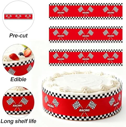3pcs Racing Car Edible Cake Borders, Birthday Cake Borders Edible Decorations Wrap Strips Pre-Cut Cakes Toppers for Birthday Party (Red Racing Flag Style)