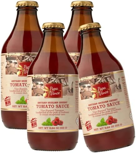 Papa Vince Pasta Tomato Sauce: Low Acid Garlic-Free Formula, Low Sodium, No Onion No Added Sugars. Non-GMO Gluten Free. Organic Cherry Tomatoes made in Sicily Italy. Small Batch. Exceptional Taste