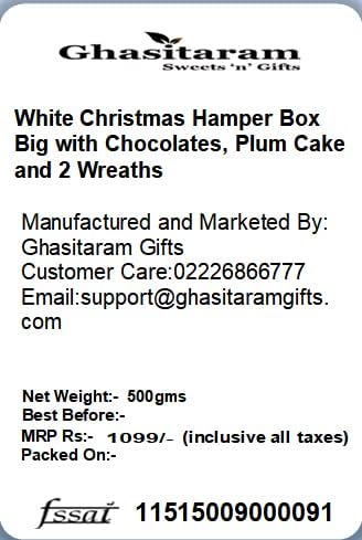 Ghasitaram Gifts Jaiccha Christmas Gifts White Christmas Hamper Box Big with chocolates, plum cake and 2 Wreaths
