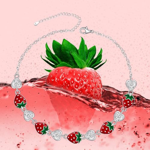 Fenthring Strawberry Bracelet Sterling Silver Red Strawberry Bracelet for Women Fruit Heart Strawberries Jewelry Birthday Gifts