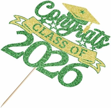 Glitter Class of 2026 Cake Topper，Congrats Grad Decorations， 2026 Happy Graduation High School/College/University Graduation Party Supplies Green and Gold