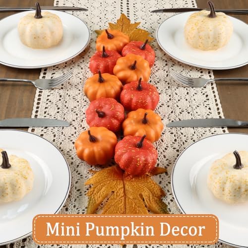 16PCS Artificial Mini Fake Pumpkins Set with Fall Leaves，Foam Plastic Carvable DIY Small White Craft Pumpkins Decor for Thanksgiving Halloween Home Fall Porch Table Decor