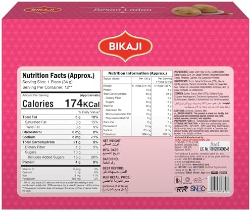 Bikaji Besan Ladoo – 14.11 Oz (400g) , Traditional Indian Sweet Made with Desi Ghee , Gram Flour Laddu with Almonds, Cashews & Pistachios , Rich Texture & Flavor , Festive Mithai for Gifting & Celebrations perfect Mithai Sweet Box