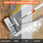 Self Wringing Microfiber Mop - Hands-Free Flat Mop with Wringing Blade | Aluminum Panel, Wet Dry for Apartment, Tiny Home, Windows, Wall, Hardwood, Laminate, Tile, Vinyl, 4 Reusable Pads