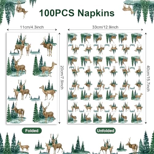 100 Pcs Forest Deer Napkins - Animal Design Disposable Dinner Paper Napkins for Woodland Animal Party, Christmas, Winter Holiday, 15.7 x 12.9 Inch