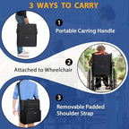 Ytonet Wheelchair Bag, Wheelchair Storage Bag to Hang on Back Walker Accessories Insulated Pockets Removable Shoulder Strap 3 Ways Carry Easy Install, 16" L x8.5 W x 17" H Black
