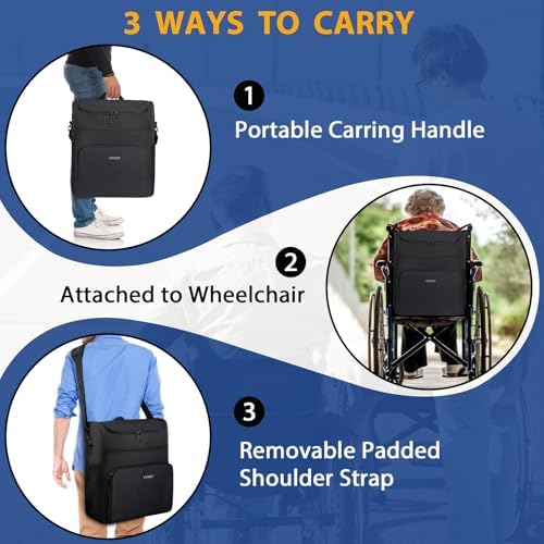 Ytonet Wheelchair Bag, Wheelchair Storage Bag to Hang on Back Walker Accessories Insulated Pockets Removable Shoulder Strap 3 Ways Carry Easy Install, 16" L x8.5 W x 17" H Black