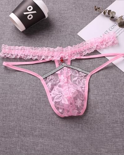 Mens Lace Frilly Sissy Panties Pouch Thong, Feminine G string Underwear For Men Sexy Lingerie