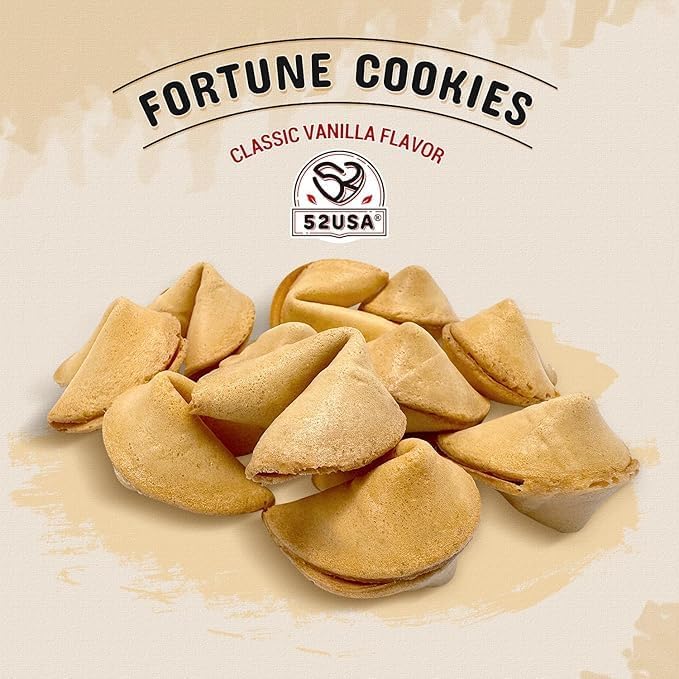 52USA Fortune Cookies, Vanilla Flavor, 25 Count Fortune Cookies Individually Wrapped Bulk, Premium USA Made, Fresh Crisp Cookies 4oz, Party & Valentine Favors, Kids Treats, Chinese New Year Snacks