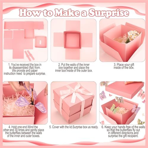 tesaiue Pink Flying Butterfly Surprise Gift Box, DIY Birthday Explosion Pink Gift Box with 8 Pcs Flying Butterfly and Confetti‌, Exploding Fantasy Decor for Birthday, Anniversary, Wedding, Mother's Day, Graduation Party