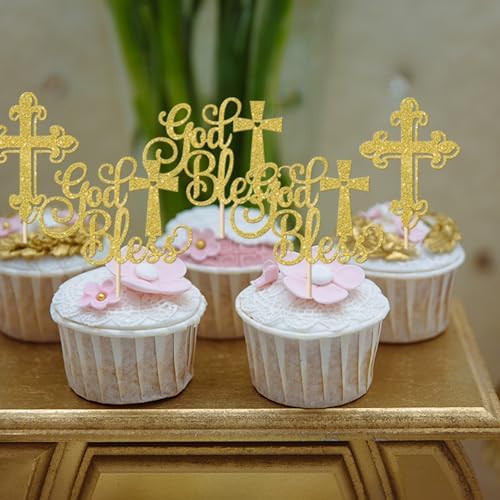Rsstarxi 24 Pack Baptism Cupcake Toppers God Bless Cupcake Toppers Glitter Cross God Bless Cupcake Picks for Babyshower Christian First Communion Baptism Party Cake Decorations Gold