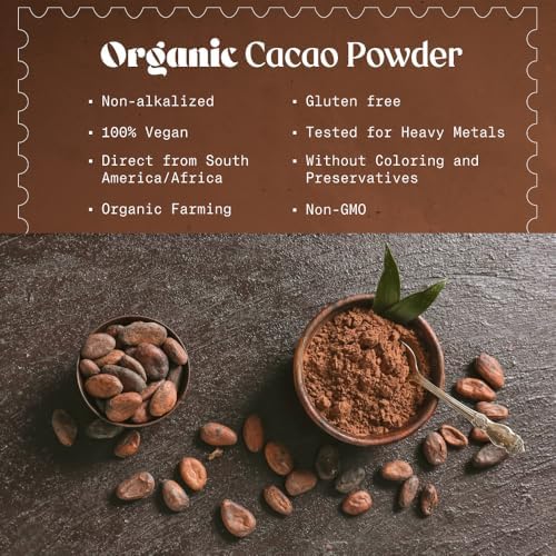NaturaleBio Cacao Powder Organic 14oz. Unsweetened, Non-Alkalized and Pure. Cocoa Powder Substitute with Rich Dark Chocolate Flavor. Non-GMO, Gluten Free, Tested for Heavy Metals. From Raw Cacao Beans