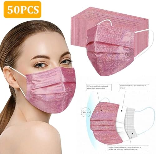 50Pack Sparkly Cute Disposable Face Masks, Pink Glitter Face Masks for Women Girls,3-Ply Soft Breathable Full Face Protection