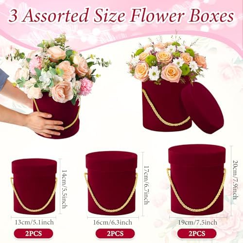 Uiifan 6 Pcs Velvet Round Flower Box with Lids Velvet Nesting Gifts Box with Handle for Mother's Day Wedding Holiday Luxury Flower Gift Arrangement Bridesmaid Birthday Party Favor(Red)