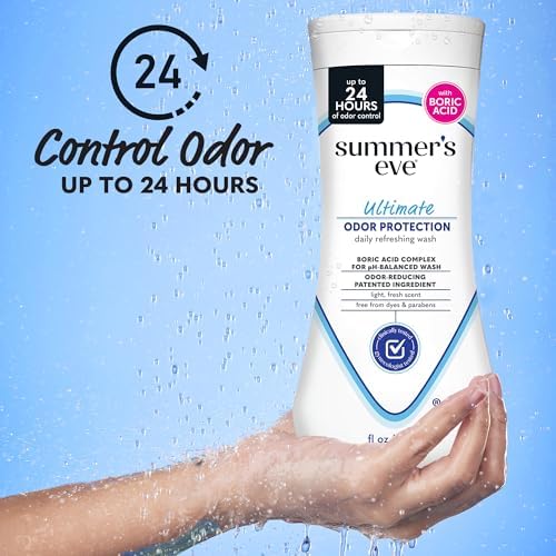 Summer's Eve Ultimate Odor Protection Daily Feminine Wash, pH-Balanced Formula Body Wash for Women with Boric Acid Helps Control Vaginal Odor, 15 Fl Oz