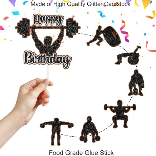 7 PCS Gym Party Cake Toppers - Fitness Party Theme or Bodybuilder Birthday Party Weight Lifting Decoration