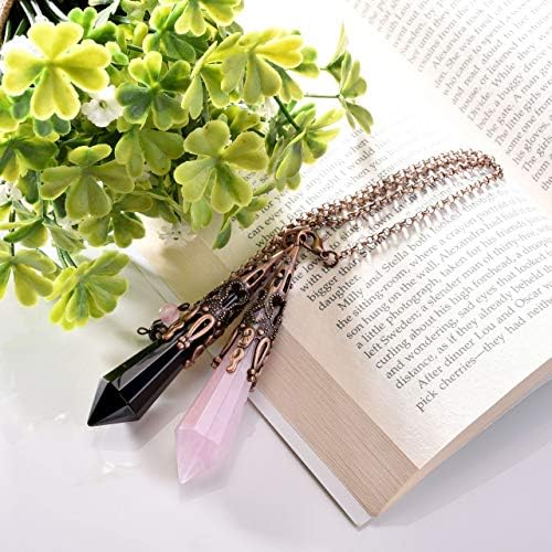 Jovivi 2pcs Natural Rose Quartz Crystal Black Obsidian 12 Facted Therapy Healing Dowsing Divination Pendulum - Reiki Charged Chakra Balancing Pendant with Chain