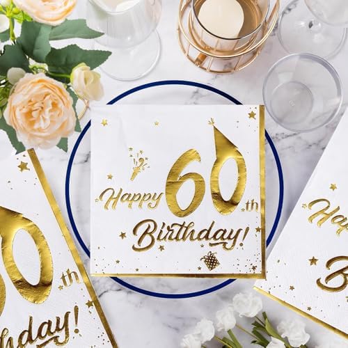 60th Birthday Napkins Gold - 40 Count 13 Inch Disposable Dinner Napkins for 60th Birthday Party Anniversary Decorations (White with Golden Foil)