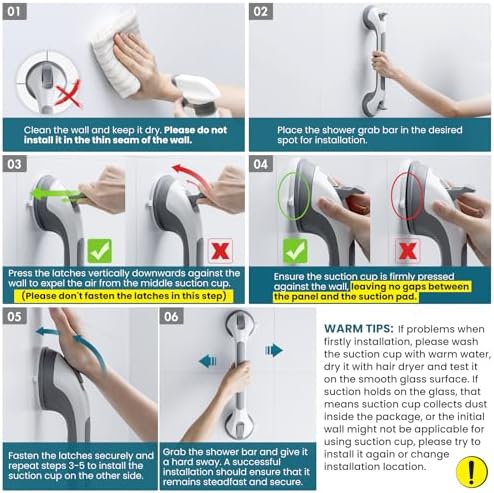 TAILI Shower Grab Bar 16 Inch Suction Cup Grab Bars for Bathroom, Removable Shower Safety Handle Heavy Duty Bathtub Grip for Seniors & Elderly, Strong Handrails No Drilling Waterproof, Grey