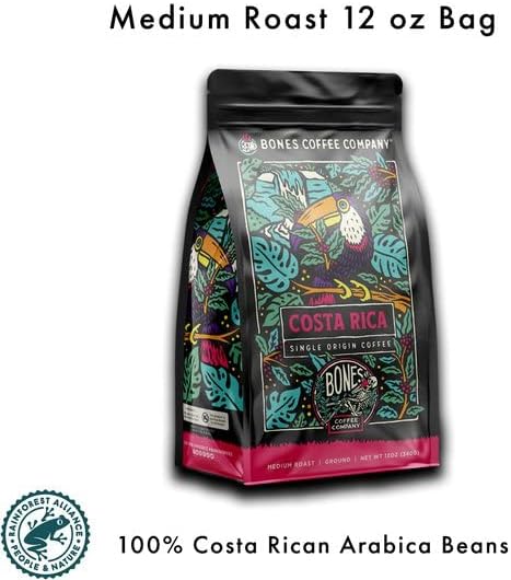 Bones Coffee Company Costa Rica Single-Origin, Cocoa, Nutty and Milk Chocolate Notes, Ground Coffee Beans, Low Acid Medium Roast Arabica Beans Flavored Coffee for Auto drip Coffee Maker, 12 oz Ground