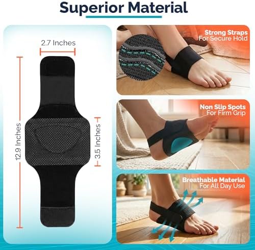 Foot Arch Support Braces for Women Men–Adjustable Compression Arch Support Bands with Gel Pad for Flat Feet, Heel Pain, High & Fallen Arches–Anti-Slip Strips–(Pair-Black)