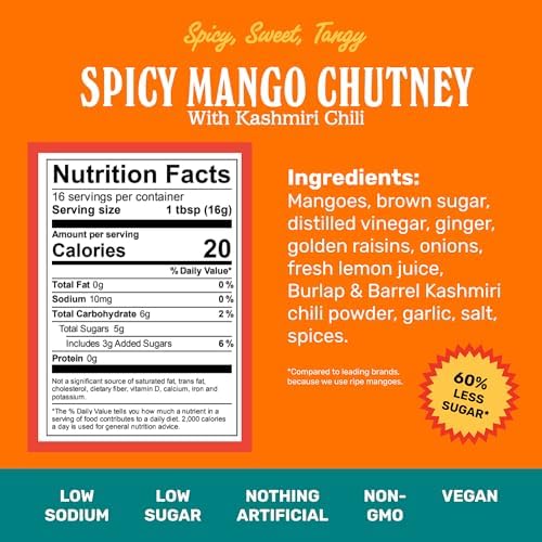 Brooklyn Delhi Spicy Mango Chutney - 9 Ounces - Made with Ripe Mangos, Golden Raisins, Fresh Ginger, Garam Masala, and Lemon Juice for a Nice Sour Note - Vegan - No Artificial Additives 2pk