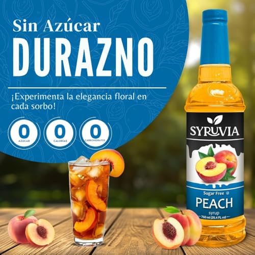Syruvia Sugar-Free Peach Syrup, Flavored Syrup for Drinks, Cocktails, Lemonades, Iced Teas, and Desserts – 25.4 fl oz