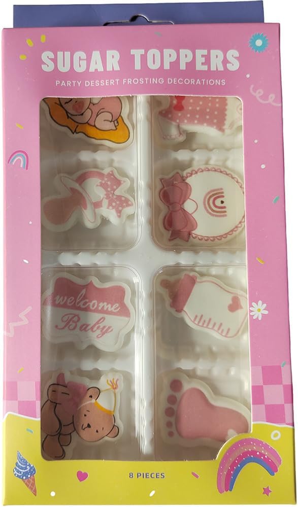 Edible 8pcs Pink Girls Baby Showers Themed Cake Decorations Dessert Sugar Sprinkles Party Cookie DIY Cake Cupcake Topper Icing Frosting Decoration Holiday Supplies