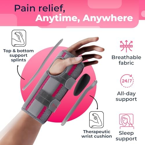DR. BRACE Adjustable Wrist Brace Night Support for Carpal Tunnel, Doctor Developed, Upgraded with Double Splint & Therapeutic Cushion,Hand Brace for Pain Relief,Injuries,Sprains (S/M Left Hand, Grey-Pink)