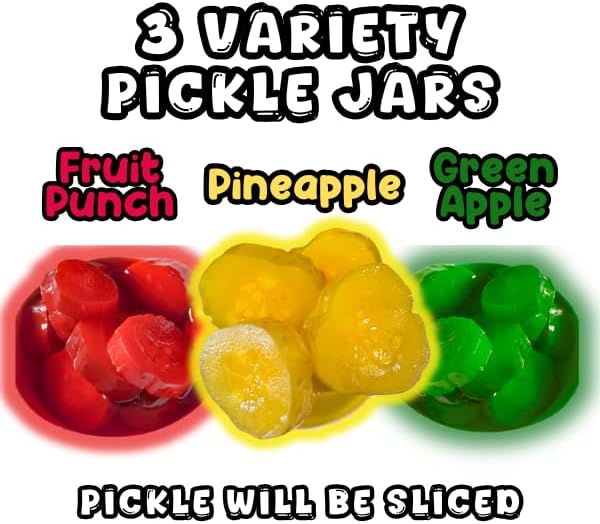 Alky Therapy Triple Pickle Bundle, Candy Flavored Dill Pickles Variety Pack, Fruit Punch, Pineapple, Green Apple, 3 Jars, Perfect for Snacks and Gifts
