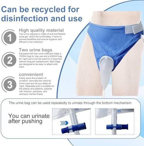 Urine Collection Wearable Bag Catheters for Men Reusable Wearable Silicone Urine with 2 Urine Catheter Bags (2000 ML*1+1000 ML*1) (Large)
